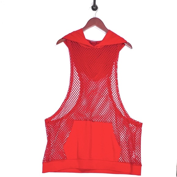 Open Mesh Hooded Mens Gym Tank Top with Pocked Pouch in Bright Red Size XL - Picture 1 of 5